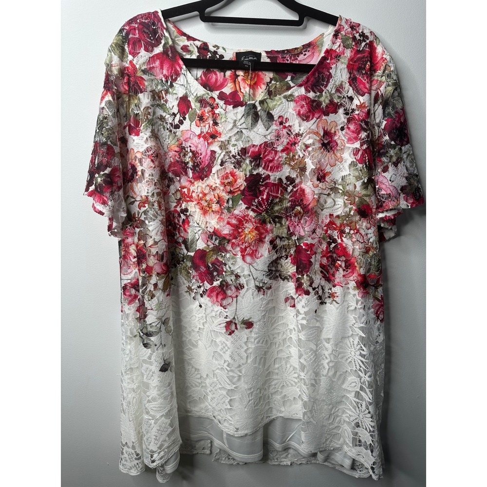 Simply Emma Womens Floral Lace Overlay Short Sleeve Blouse Red White 2X